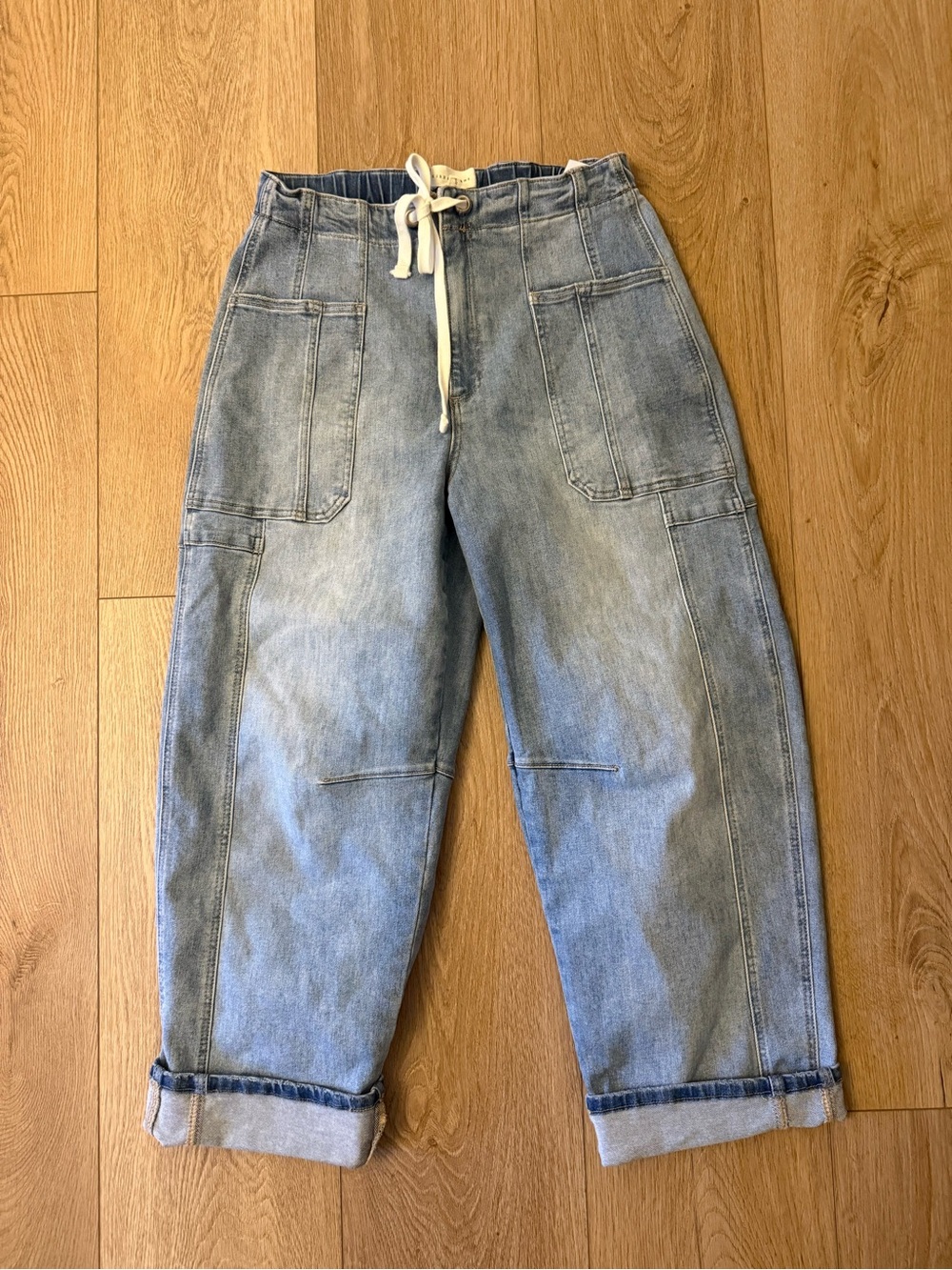 RISEN Jeans Size 7 High Rise Barrel Leg Drawstring Denim Utility Patch Pocket